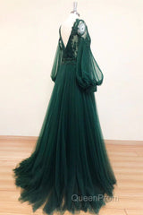 V Neck Long Sleeves Green Lace Evening Prom Dresses, V Neck Green Lace Formal Evening Dresses