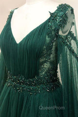 V Neck Long Sleeves Green Lace Evening Prom Dresses, V Neck Green Lace Formal Evening Dresses