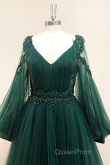 V Neck Long Sleeves Green Lace Evening Prom Dresses, V Neck Green Lace Formal Evening Dresses