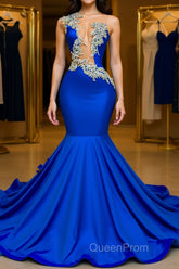 V-neck Mermaid Appliques Lace Sequined Open Back One Shoulder Floor-length Sleeveless Evening Prom Dresses