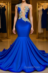 V-neck Mermaid Appliques Lace Sequined Open Back One Shoulder Floor-length Sleeveless Evening Prom Dresses