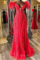 V Neck Mermaid Off Shoulder Red Lace Long Evening Prom Dresses, Mermaid Red Formal Dresses, Red Lace Evening Dresses