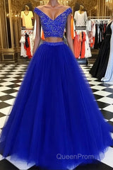 V Neck Off Shoulder 2 Pieces Beads Blue Tulle Long Evening Prom Dresses, Blue 2 Pieces Ball Gown, Evening Dresses