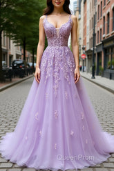 V Neck Off Shoulder Long Lilac Lace Evening Prom Dresses, Off Shoulder Purple Lace Formal Graduation Evening Dresses