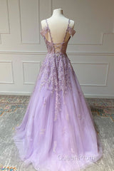 V Neck Off Shoulder Long Lilac Lace Evening Prom Dresses, Off Shoulder Purple Lace Formal Graduation Evening Dresses