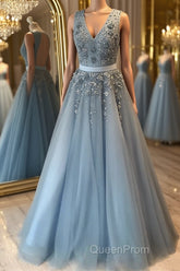 V Neck Open Back Beaded Blue Long Evening Prom Dresses with 3D Flowers, Open Back Blue Formal Graduation Evening Dresses