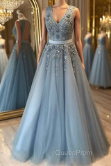 V Neck Open Back Beaded Blue Long Evening Prom Dresses with 3D Flowers, Open Back Blue Formal Graduation Evening Dresses