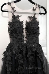 V Neck Open Back Black Tulle Lace Floral Long Evening Prom Dresses, Black Lace Formal Evening Dresses with Appliques