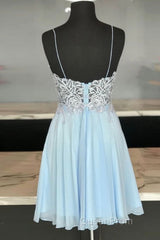 V Neck Open Back Blue Lace Short Evening Prom Dresses, Blue Lace Homecoming Dresses, Short Blue Formal Evening Dresses