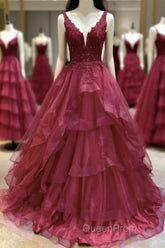 V Neck Open Back Burgundy Lace Long Evening Prom Dresses, Burgundy Lace Formal Evening Dresses, Burgundy Ball Gown