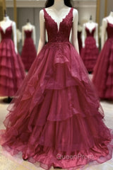 V Neck Open Back Burgundy Lace Long Evening Prom Dresses, Burgundy Lace Formal Evening Dresses, Burgundy Ball Gown