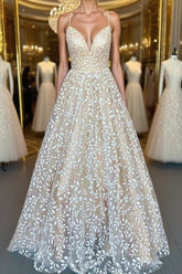 V Neck Open Back Champagne Lace Long Evening Prom Dresses, Champagne Lace Formal Graduation Evening Dresses