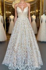 V Neck Open Back Champagne Lace Long Evening Prom Dresses, Champagne Lace Formal Graduation Evening Dresses