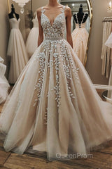 V Neck Open Back Champagne Tulle Lace Long Evening Prom Dresses with Belt, Champagne Lace Formal Evening Dresses, Champagne Ball Gown