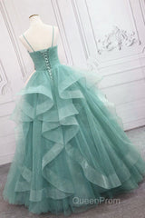 V Neck Open Back Fluffy Green Tulle Long Evening Prom Dresses, Green Formal Evening Dresses, Ball Gown