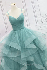 V Neck Open Back Fluffy Green Tulle Long Evening Prom Dresses, Green Formal Evening Dresses, Ball Gown