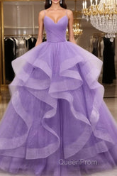 V Neck Open Back Fluffy Purple Tulle Long Evening Prom Dresses