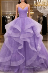 V Neck Open Back Fluffy Purple Tulle Long Evening Prom Dresses