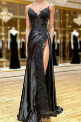 V Neck Open Back Mermaid Black Lace Long Evening Prom Dresses, Mermaid Black Lace Formal Dresses