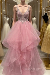 V Neck Open Back Pink Lace Puffy Tulle Long Evening Prom Dresses, Pink Lace Formal Dresses, Pink Evening Dresses