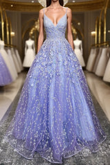 V Neck Open Back Purple Lace Floral Long Evening Prom Dresses, Purple Lace Floral Formal Evening Dresses