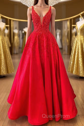 V Neck Open Back Red Lace Long Evening Prom Dresses, Red Lace Formal Dresses, Beaded Red Evening Dresses