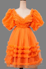 V-Neck Orange Ruffled Short Homecoming Dress with Puff Sleeves