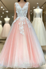 V Neck Pink Lace Appliques Long Sweet 16 Evening Prom Dresses, Pink Lace Formal Dresses, Pink Evening Dresses