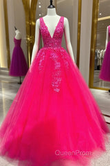 V Neck Pink Lace Evening Prom Dresses, Pink V Neck Long Lace Formal Evening Dresses