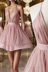 V Neck Pink Short Evening Prom Dresses, Pink Homecoming Dresses, Short Pink Formal Evening Dresses