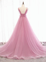 V Neck Pink Tulle Evening Prom Dresses with Train, Pink Long Formal Evening Graduation Dresses