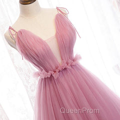 V Neck Pink Tulle Evening Prom Dresses with Train, Pink Long Formal Evening Graduation Dresses
