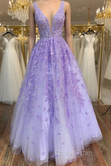 V Neck Purple Lace Long Evening Prom Dresses, Long Purple Lace Formal Dresses, Lilac Lace Evening Dresses