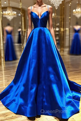 V Neck Royal Blue Backless Evening Prom Dresses, Royal Blue Backless Formal Graduation Evening Dresses