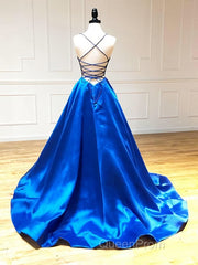 V Neck Royal Blue Backless Evening Prom Dresses, Royal Blue Backless Formal Graduation Evening Dresses