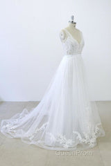 V-neck Ruffle Applqiues Tulle A-line Wedding Dresses
