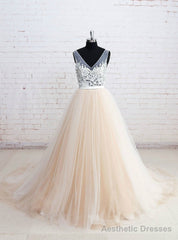 V-neck See-through Bodice Champagne Tulle Wedding Dresses