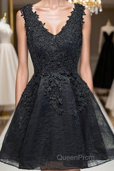 V Neck Short Black Lace Evening Prom Dresses, Black Lace Homecoming Dresses, Short Black Formal Evening Dresses