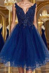 V Neck Short Blue Lace Evening Prom Dresses, Blue Lace Homecoming Dresses, Short Blue Formal Graduation Evening Dresses