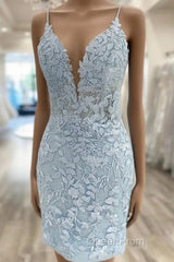 V Neck Short Light Blue Lace Evening Prom Dresses, V Neck Blue Lace Short Graduation Homecoming Dresses