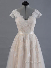 V Neck Short Sleeves Wedding Dresses Lace Applique Floor Length Tulle Bridal Gowns