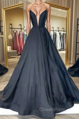 V Neck Strapless Black Satin Long Evening Prom Dresses, Strapless Black Formal Dresses, Long Black Evening Dresses