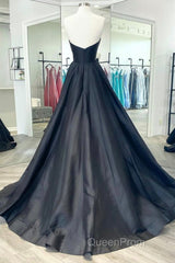 V Neck Strapless Black Satin Long Evening Prom Dresses, Strapless Black Formal Dresses, Long Black Evening Dresses