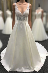 V neck White A line Lace appliques Princess Wedding Dresses