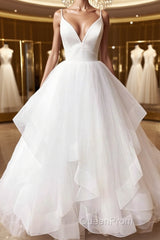 V Neck White Tulle Wedding Dresses, V Neck White Formal Evening Prom Evening Dresses