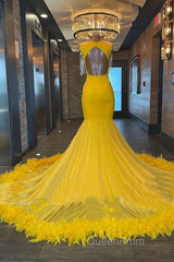 V Neck Yellow Feather Trumpet Mermaid Evening Prom Dresses