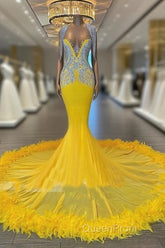 V Neck Yellow Feather Trumpet Mermaid Evening Prom Dresses
