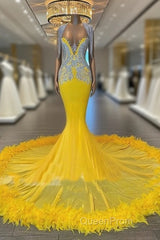 V Neck Yellow Feather Trumpet Mermaid Evening Prom Dresses