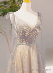 V-neckline Lace-up Champagne and Grey Long Formal Dress, Tulle Prom Dress