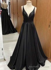 V-neck line Black Long Satin A-line Prom Dresses, V Neck Black Formal Dresses Party Dresses